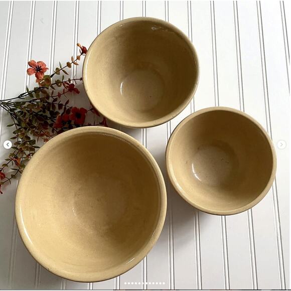 Antique 1930s Yellowware RRPC Ransbottom Mixing Bowl Brown Band Stripe SET of 3 - Picture 7 of 12